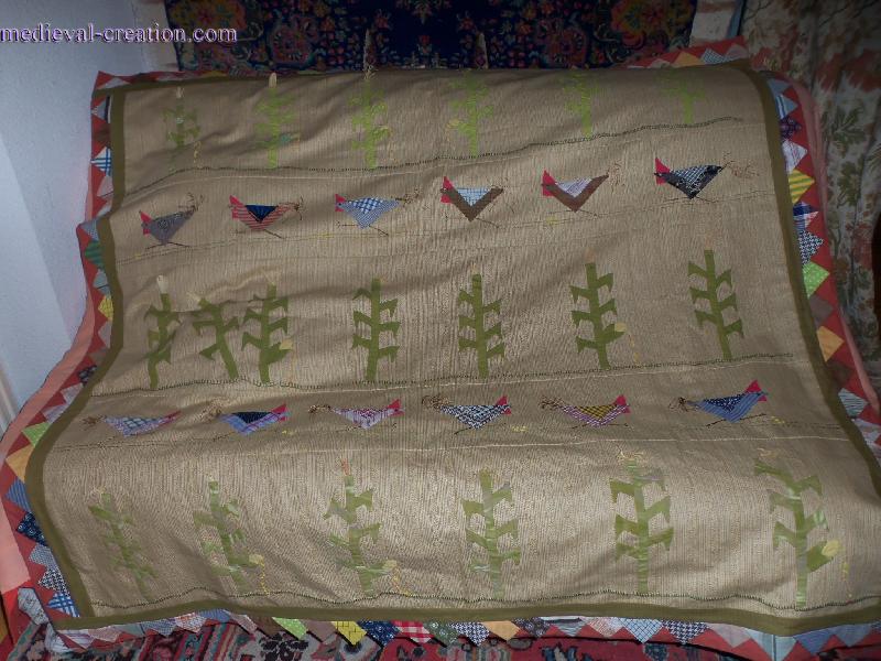 Poules et Maïs sur Toile Lin Appliqué brodé Main Poules et Maïs sur Toile Lin Appliqué brodé Main